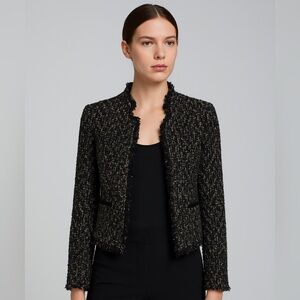 Zara Trafaluc Boucle Tweed Jacket‎ Black Gold Fringe XS Parisian Chic Academia